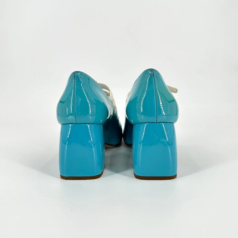 Miu Miu FW2015 Blue Patent Leather Multi-Strap Block Heel Pumps Size 37.5